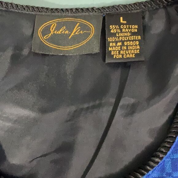 VTG Julia Ku Blue Patchwork Barrel Buttons Long Sleeve Shoulder Pads Jacket Sz L - Picture 5 of 5